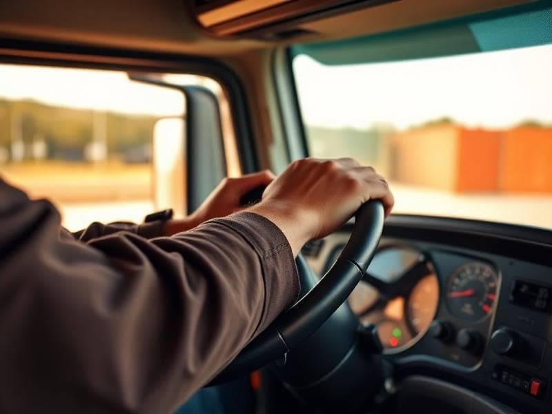 A driver's hands on the steering wheel of a truck