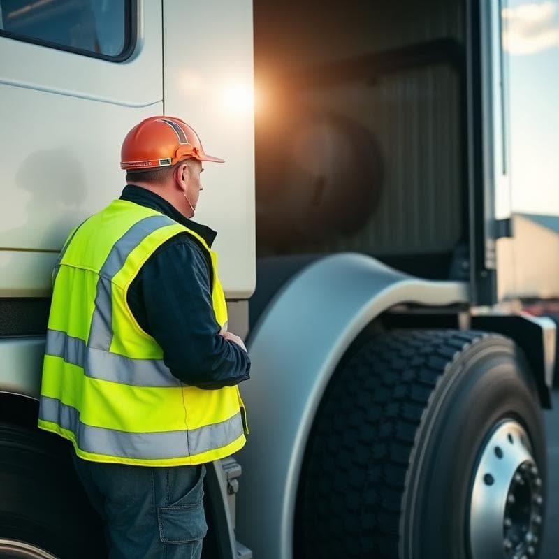 An inspector in a safety vest checking a truck